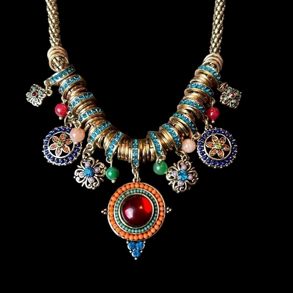 Gold Tone Necklace W/ Jewel Tone Beaded & Rhinestone Charms and Medallions - Picture 8 of 16